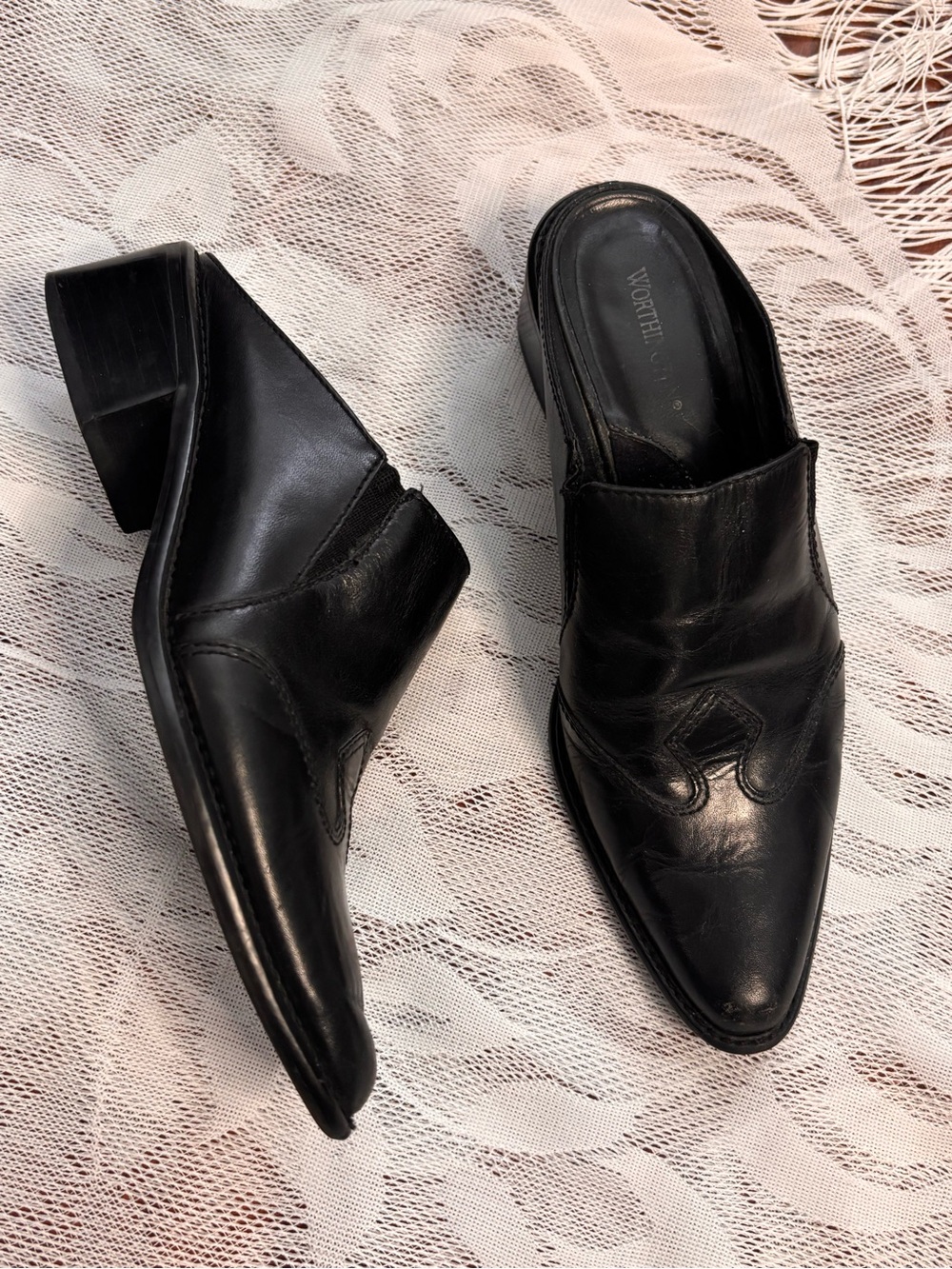 Worthington Black Leather Pointed-Toe Slip-On Mules western style